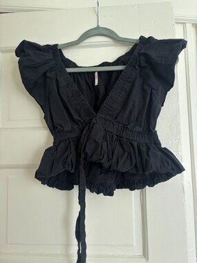 Free People Black Ruffle Blouse